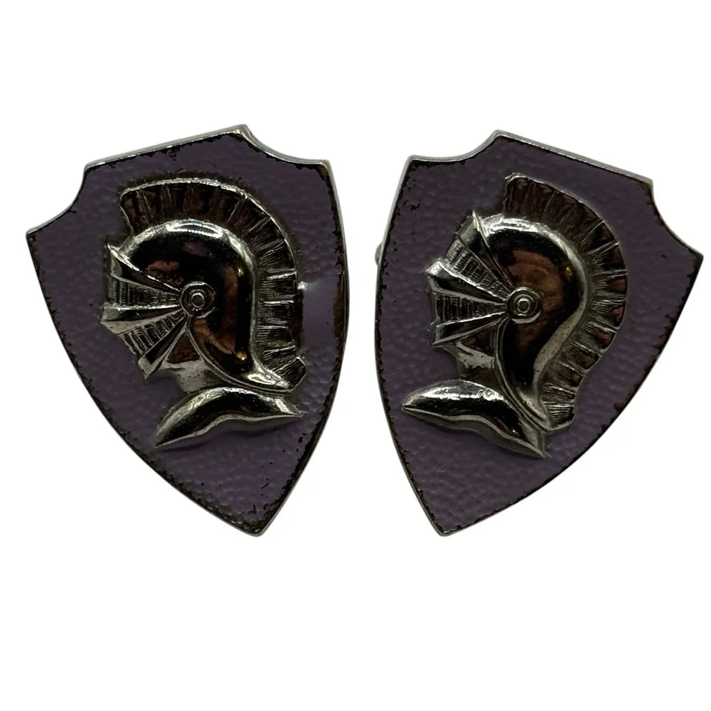 VTG Knight‎ Cufflinks Sheild Silver Tone Helmet Lavender Purple Enamel Roman